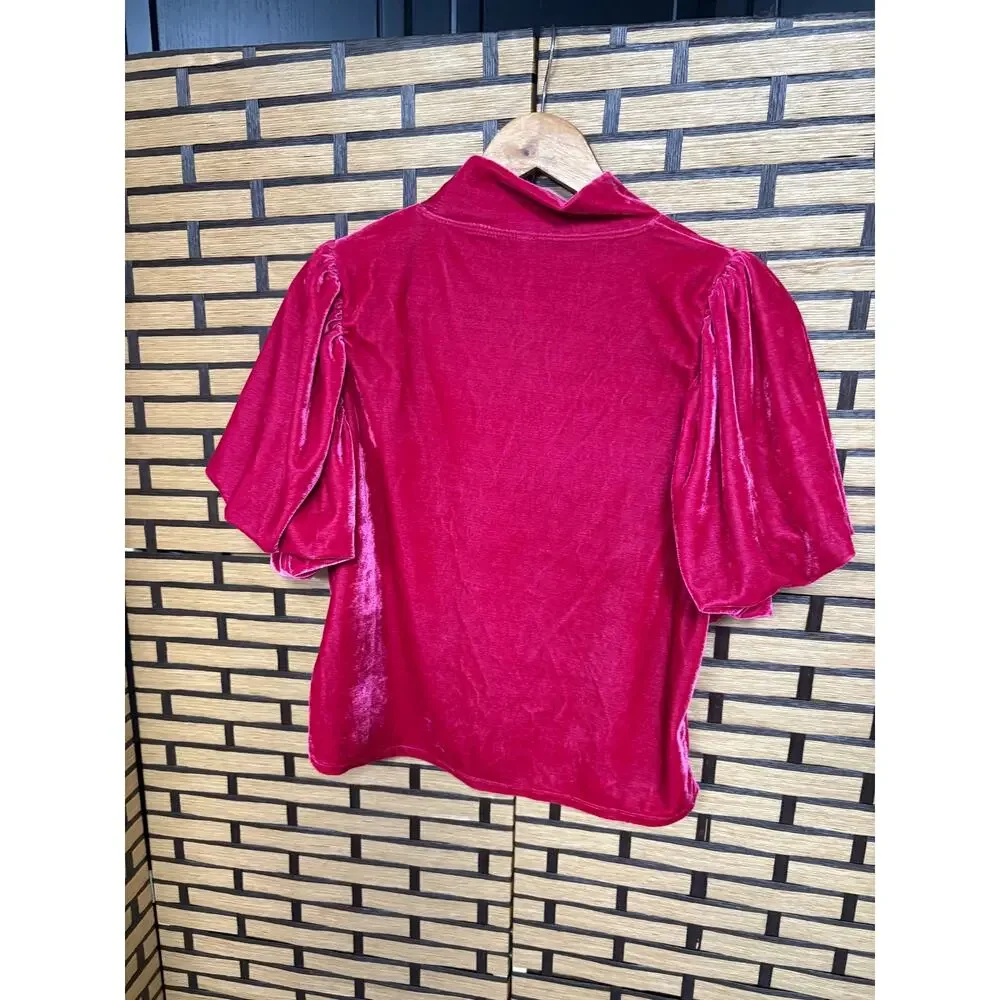 Free People‎ Pink Velvet Puff Sleeve Mock Neck Top Size Small